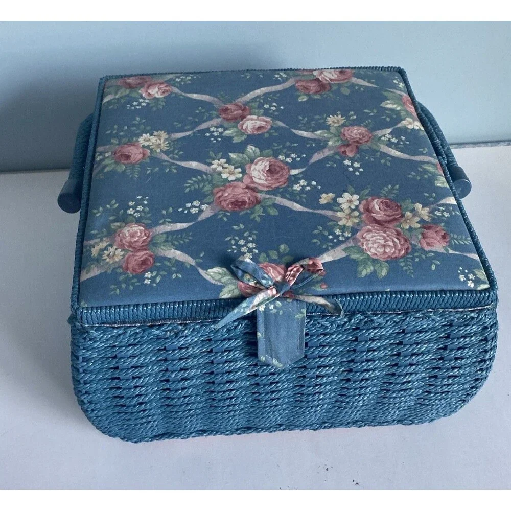 Floral Wicker Sewing Basket w Handle, Compartment Blue 10” X 10” X 7”